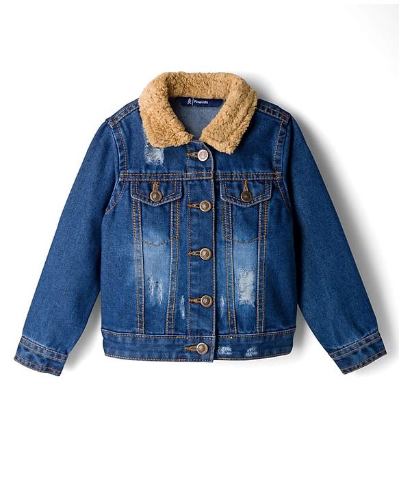 Pine Kids Cotton Woven Full Sleeves Solid Denim Jacket With Fur Detailing - Blue