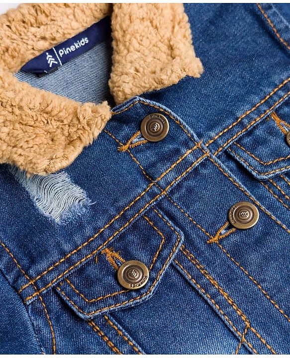 Pine Kids Cotton Woven Full Sleeves Solid Denim Jacket With Fur Detailing - Blue
