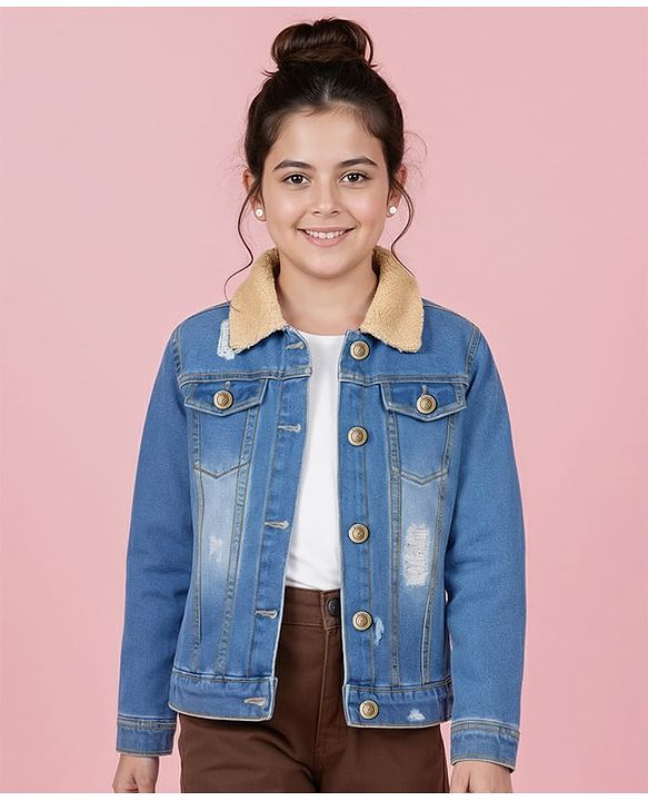 Pine Kids Cotton Woven Full Sleeves Solid Denim Jacket - Blue