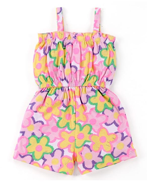 Babyhug Cotton Knit Sleeveless Jumpsuit With Floral Print & Applique - Pink