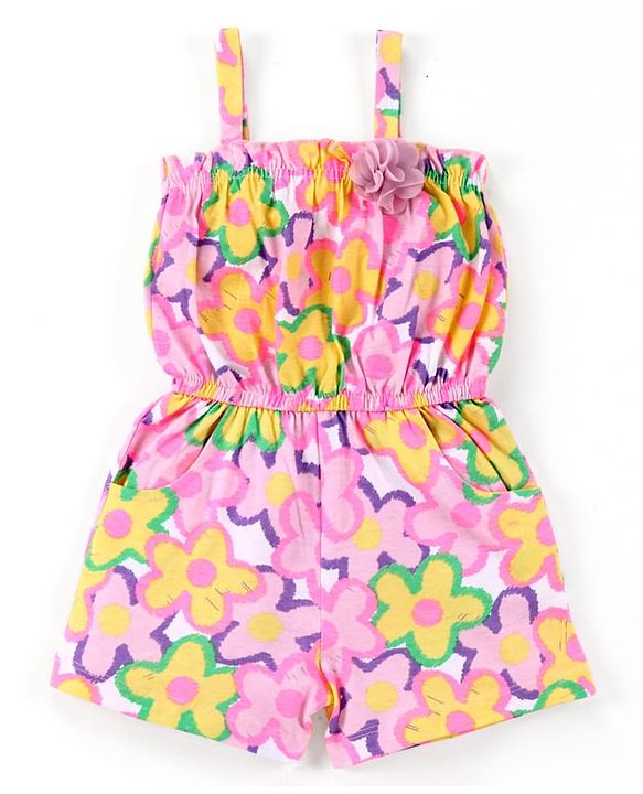 Babyhug Cotton Knit Sleeveless Jumpsuit With Floral Print & Applique - Pink