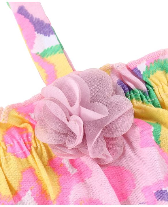 Babyhug Cotton Knit Sleeveless Jumpsuit With Floral Print & Applique - Pink