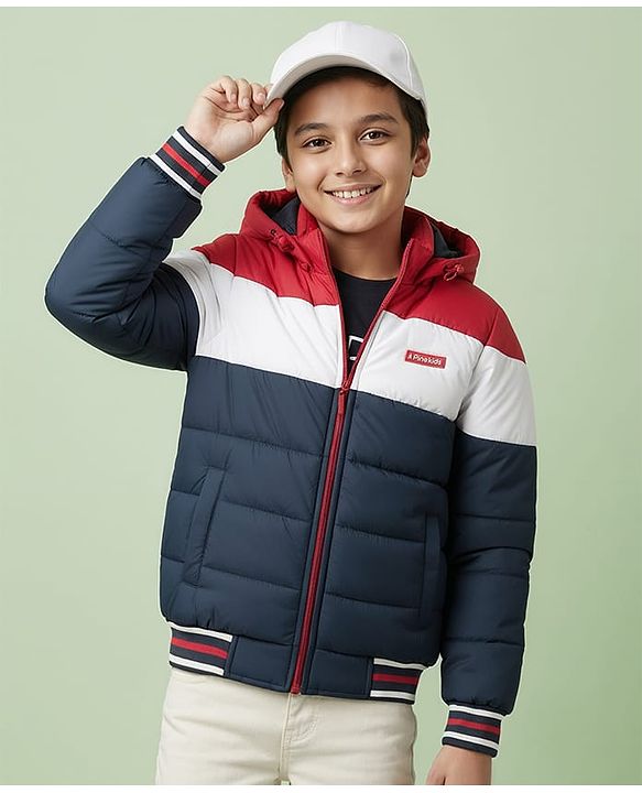 Pine Kids Woven Full Sleeves Hooded Padded Jacket With Color Block Design - Multicolor