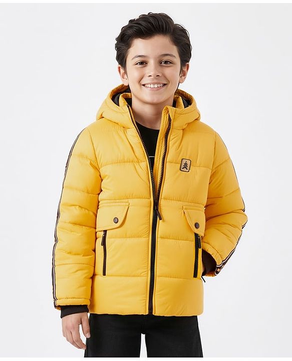 Pine Kids Woven Full Sleeves Hooded Solid Padded Jacket - Yellow