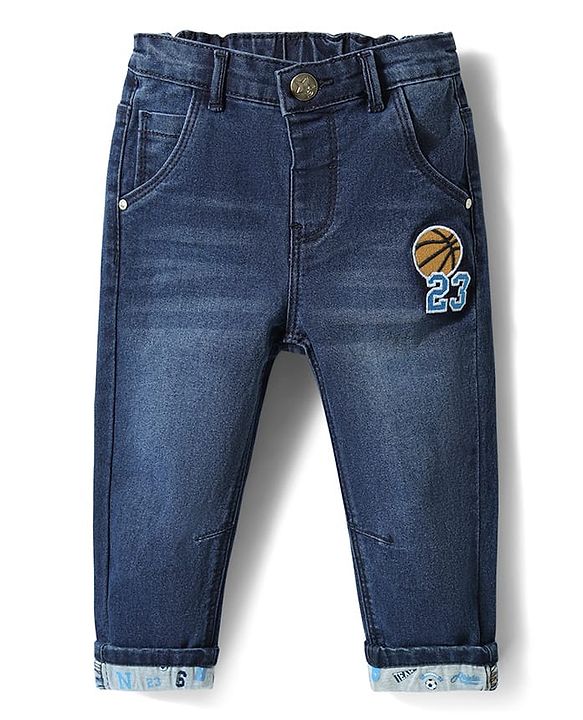 Babyhug Denim Full Length Jeans With Text Embroidery - Navy Blue