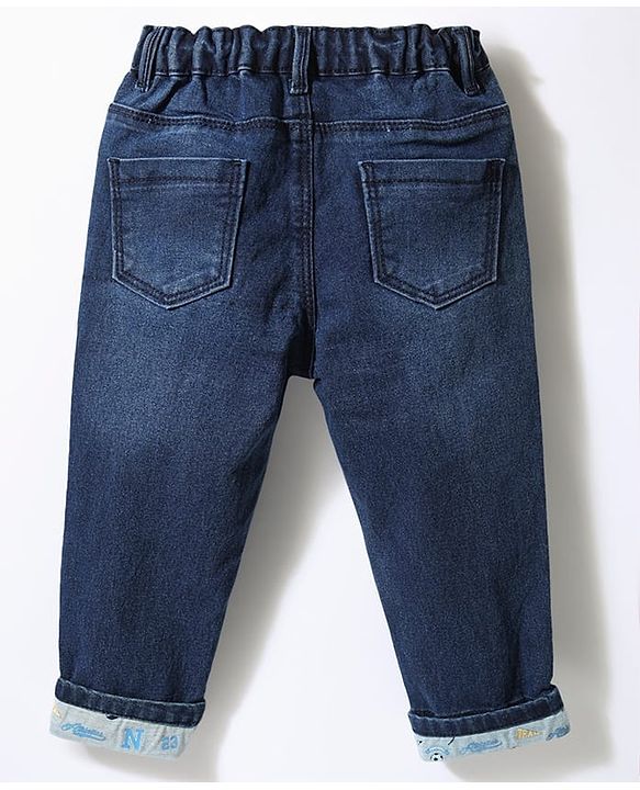 Babyhug Denim Full Length Jeans With Text Embroidery - Navy Blue