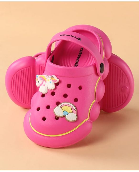 Cute Walk by Babyhug Back Strap Closure Clogs With Unicorn & Rainbow Applique - Pink