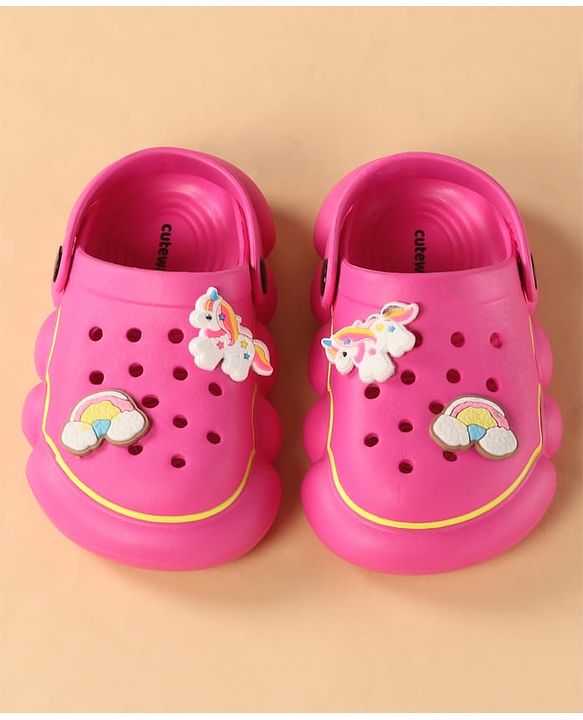 Cute Walk by Babyhug Back Strap Closure Clogs With Unicorn & Rainbow Applique - Pink