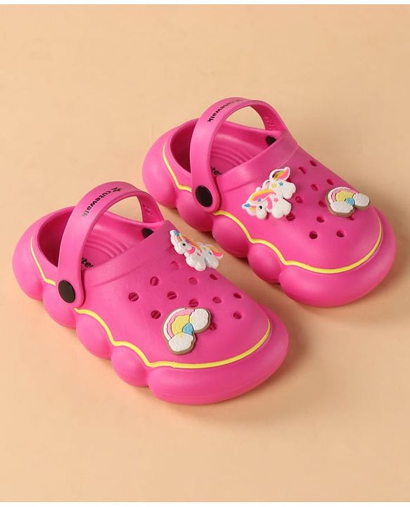 Cute Walk by Babyhug Back Strap Closure Clogs With Unicorn & Rainbow Applique - Pink