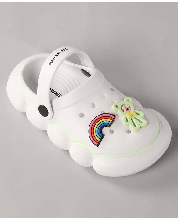 Cute Walk by Babyhug Back Strap Closure Clogs With Rainbow & Teddy Bear Applique - White