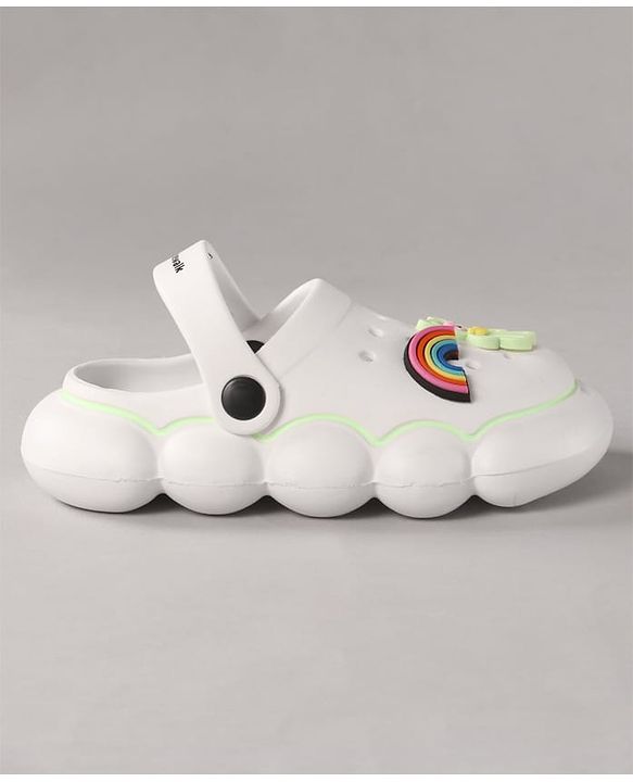 Cute Walk by Babyhug Back Strap Closure Clogs With Rainbow & Teddy Bear Applique - White