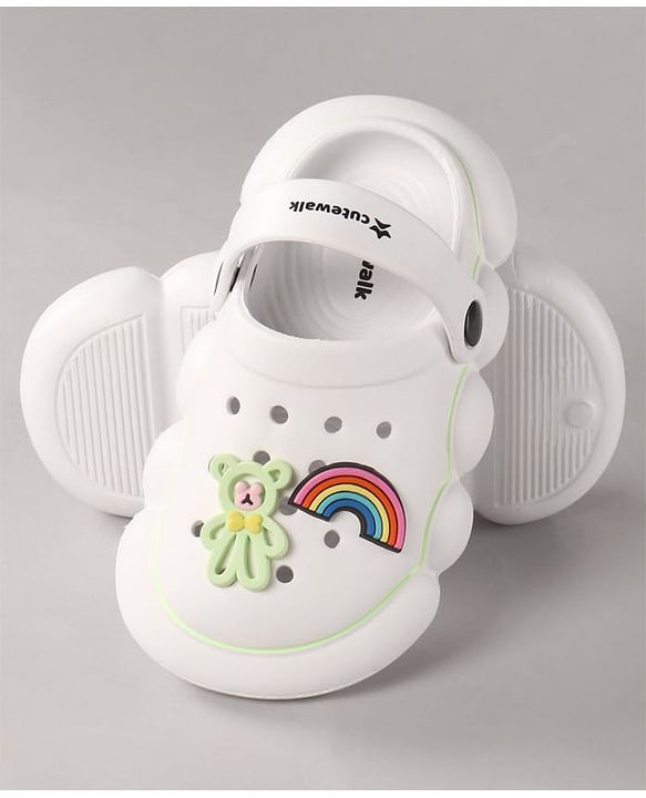 Cute Walk by Babyhug Back Strap Closure Clogs With Rainbow & Teddy Bear Applique - White