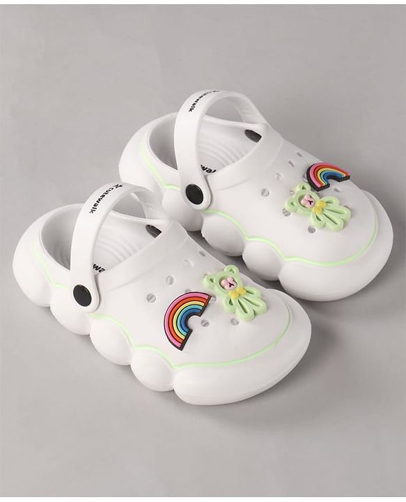 Cute Walk by Babyhug Back Strap Closure Clogs With Rainbow & Teddy Bear Applique - White