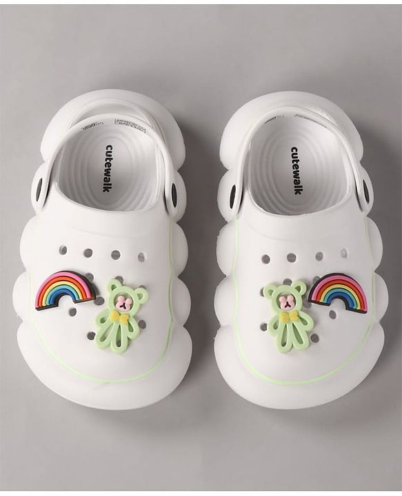 Cute Walk by Babyhug Back Strap Closure Clogs With Rainbow & Teddy Bear Applique - White