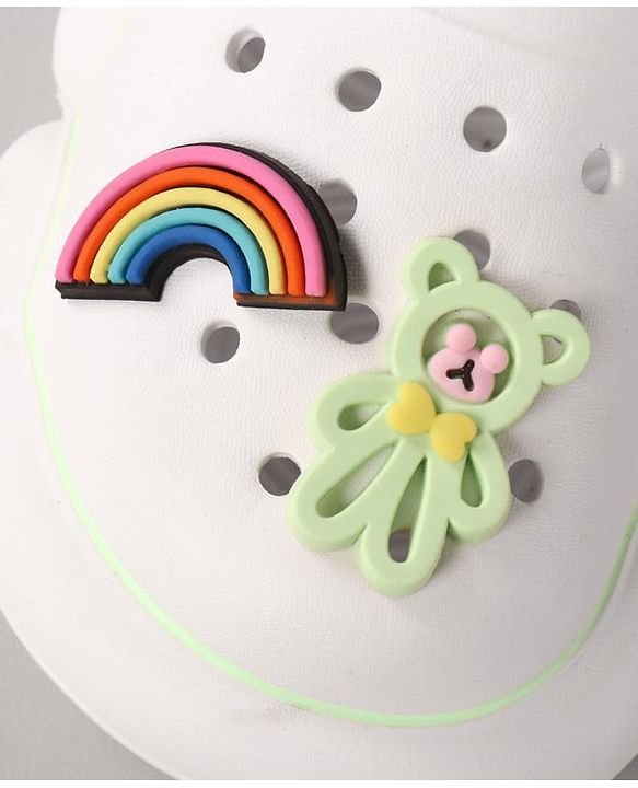 Cute Walk by Babyhug Back Strap Closure Clogs With Rainbow & Teddy Bear Applique - White