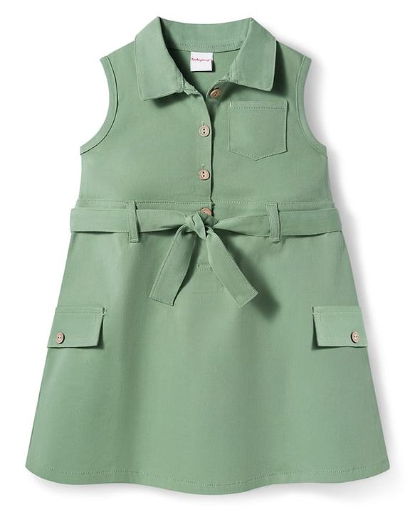 Babyhug Cotton Knit Sleveless Solid Color Frock with Belt - Green