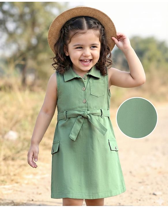 Babyhug Cotton Knit Sleveless Solid Color Frock with Belt - Green