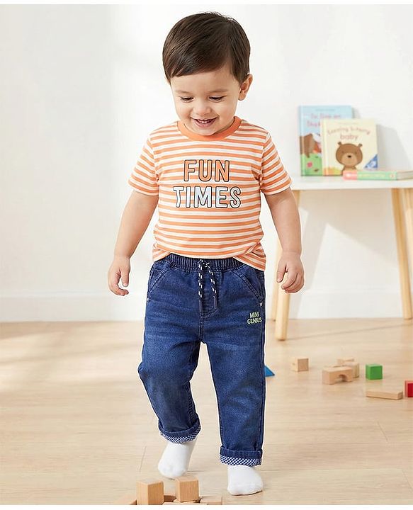Babyhug Denim Full Length Washed Jeans With Stretch - Blue