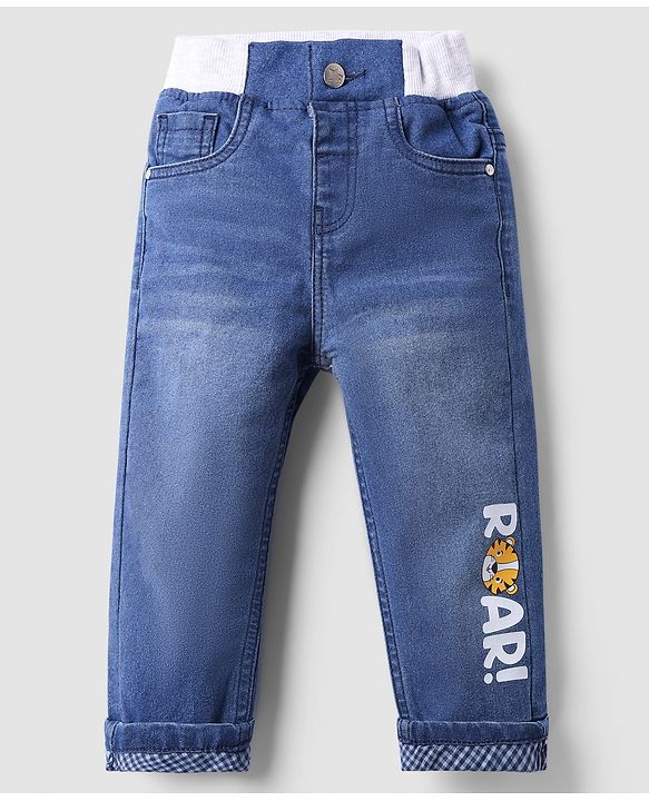 Babyhug Full Length Washed Denim Jeans With Stretch & Roar Print - Blue
