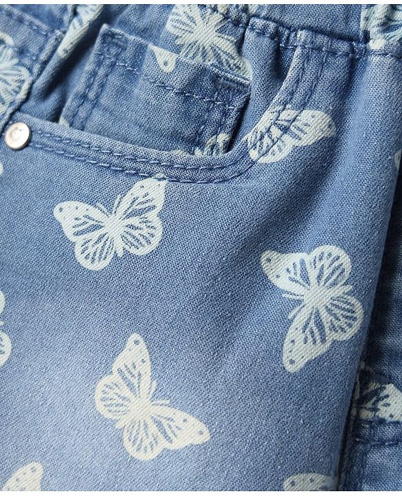 Babyhug Denim Capris With Stretch & Butterfly Print - Blue