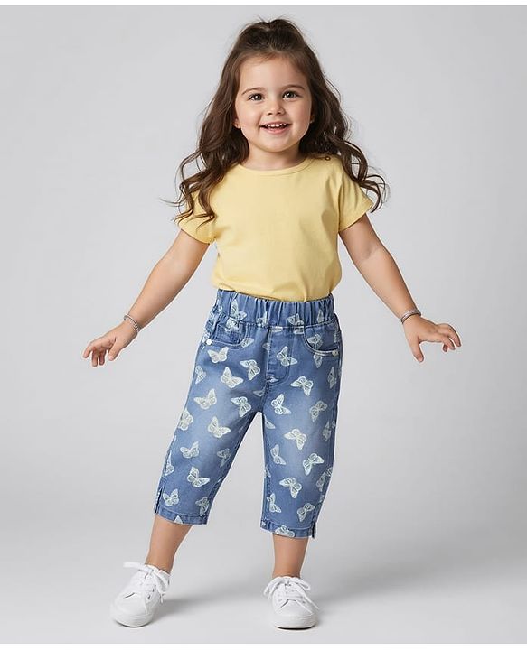 Babyhug Denim Capris With Stretch & Butterfly Print - Blue
