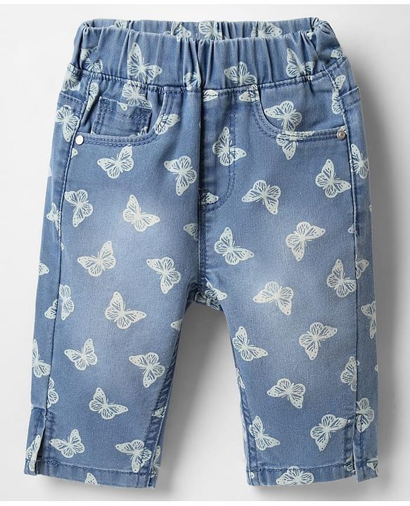 Babyhug Denim Capris With Stretch & Butterfly Print - Blue