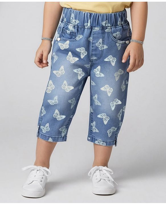 Babyhug Denim Capris With Stretch & Butterfly Print - Blue