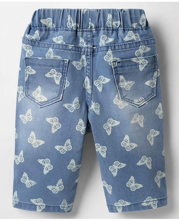 Babyhug Denim Capris With Stretch & Butterfly Print - Blue