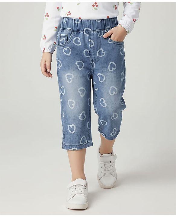 Babyhug Denim Capri With Stretch & Heart Print - Blue
