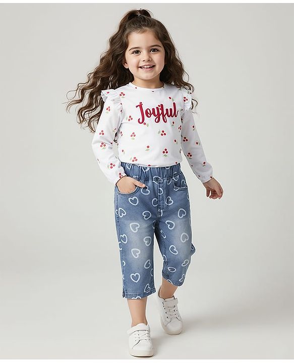 Babyhug Denim Capri With Stretch & Heart Print - Blue