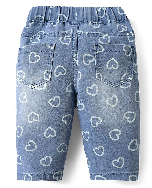 Babyhug Denim Capri With Stretch & Heart Print - Blue