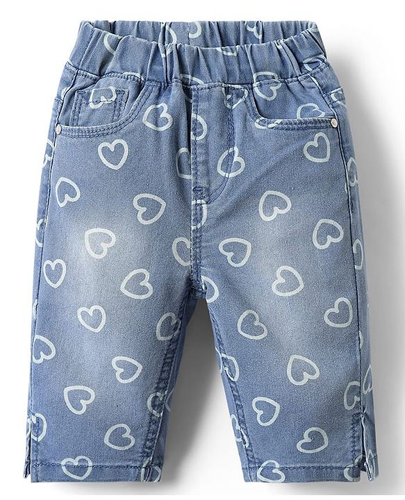 Babyhug Denim Capri With Stretch & Heart Print - Blue