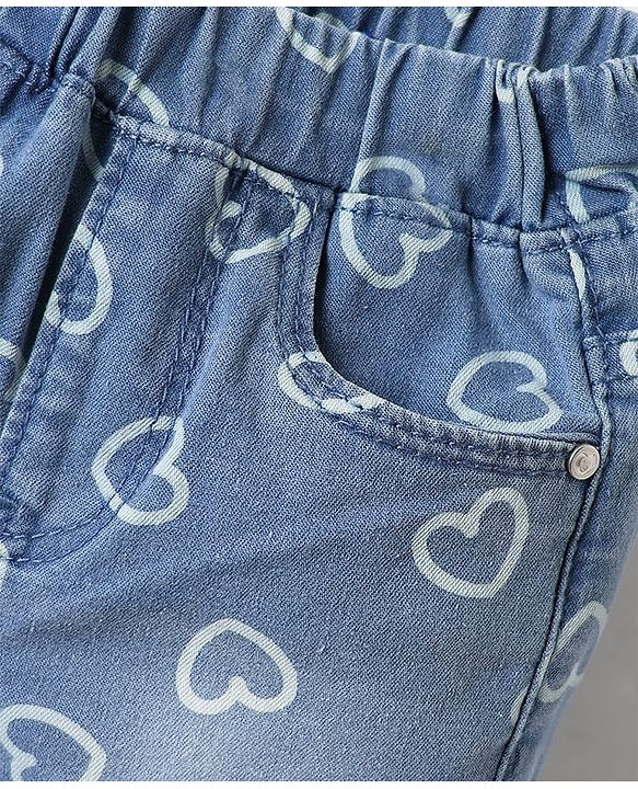 Babyhug Denim Capri With Stretch & Heart Print - Blue