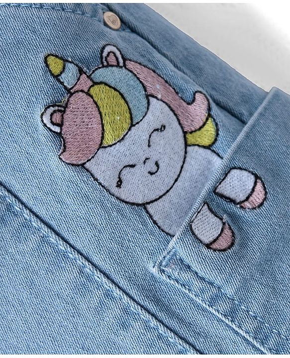 Babyhug Denim Full Length Washed Jeans With Stretch & Unicorn Print - Blue