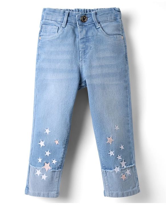 Babyhug Full Length Washed Denim Jeans with Stretch & Star Embroidery - Light Blue