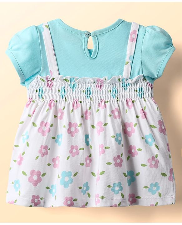 Babyhug Single Jersey Knit Half Sleeves Frock With Floral Print & Smocking Detail - White & Light Blue
