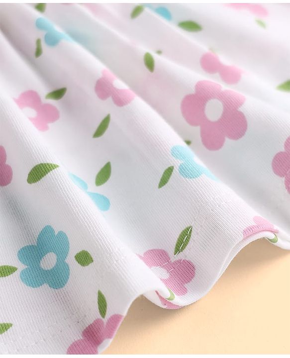 Babyhug Single Jersey Knit Half Sleeves Frock With Floral Print & Smocking Detail - White & Light Blue