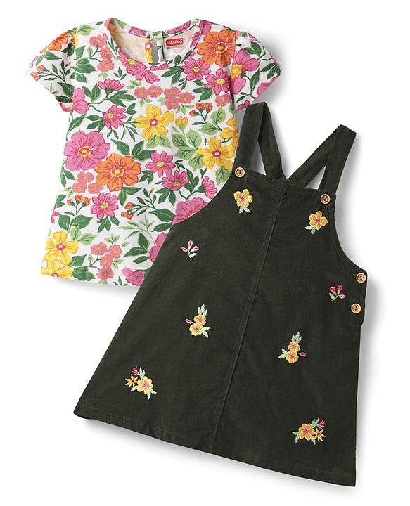 Babyhug Cotton Knit Frock & Half Sleeves Inner Tee With Floral Print & Embroidery - Dark Green