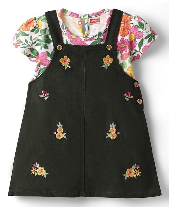 Babyhug Cotton Knit Frock & Half Sleeves Inner Tee With Floral Print & Embroidery - Dark Green