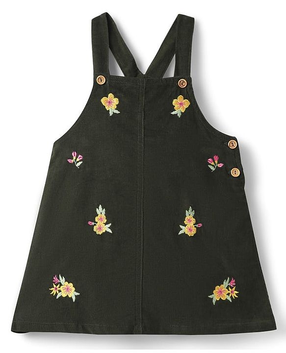Babyhug Cotton Knit Frock & Half Sleeves Inner Tee With Floral Print & Embroidery - Dark Green
