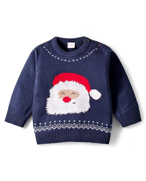 Babyhug Knit Full Sleeves Sweater Set with Santa Design - Navy Blue