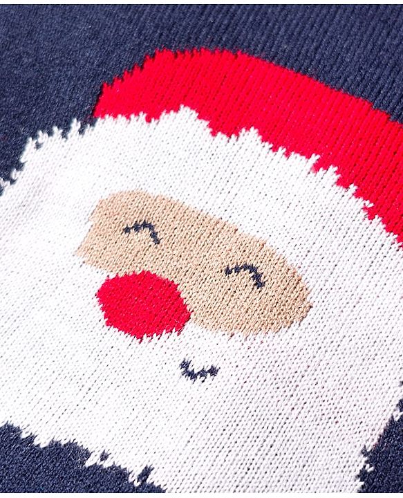 Babyhug Knit Full Sleeves Sweater Set with Santa Design - Navy Blue