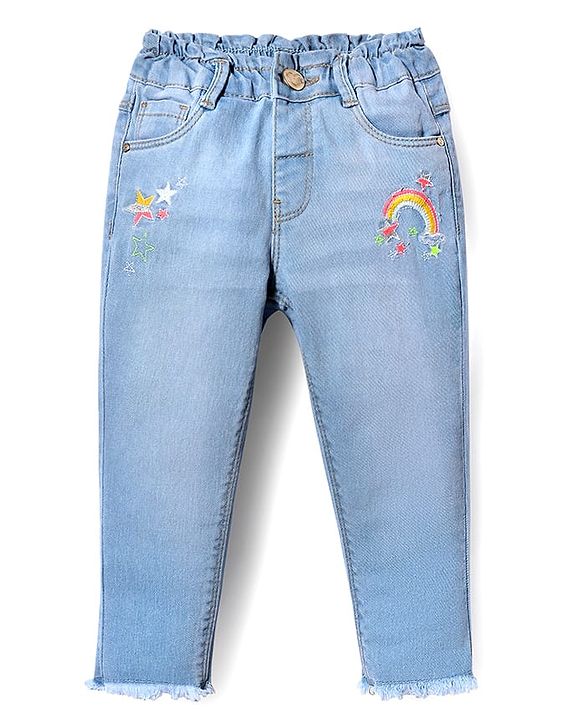 Babyhug Denim Full Length Washed Jeans With Stretch & Rainbow Embroidery - Light Blue