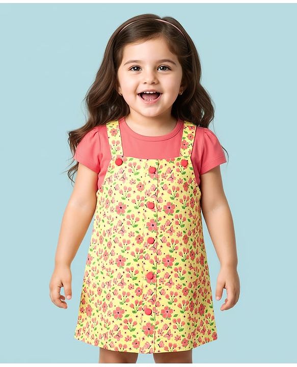 Babyhug Cotton Knit Half Sleeves Floral Printed Frock With Inner Tee - Yellow & Red