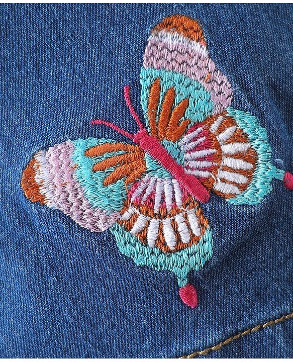 Babyhug Denim Mid Thigh shorts With Butterfly Embriodery - Blue