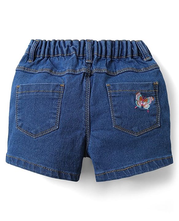 Babyhug Denim Mid Thigh shorts With Butterfly Embriodery - Blue