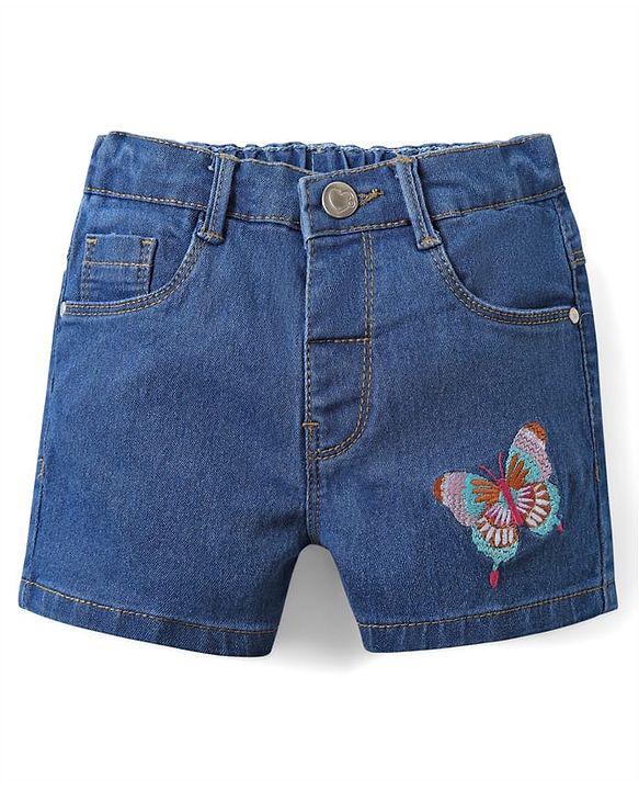 Babyhug Denim Mid Thigh shorts With Butterfly Embriodery - Blue