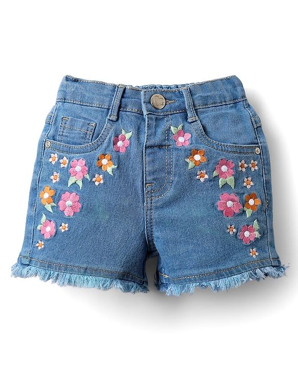 Babyhug Denim Mid Thigh Shorts With Floral Embroidery - Blue