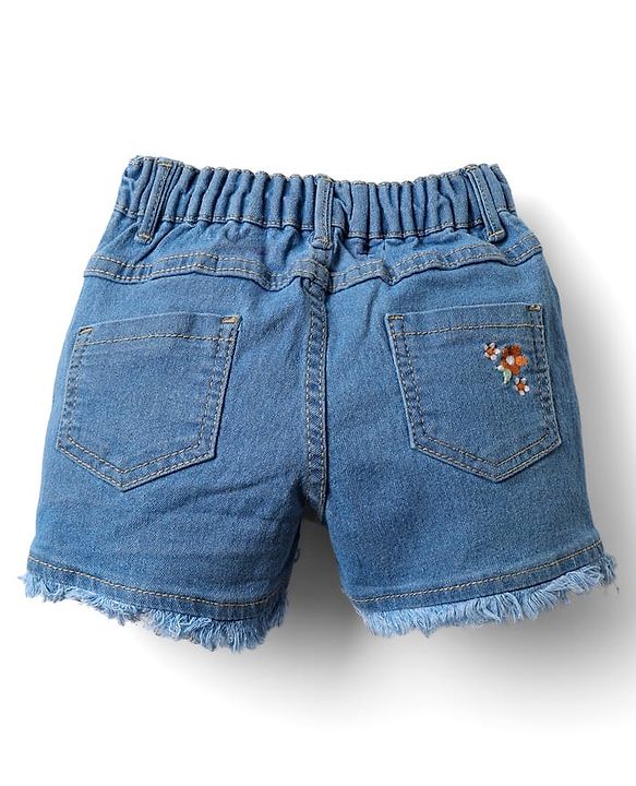 Babyhug Denim Mid Thigh Shorts With Floral Embroidery - Blue