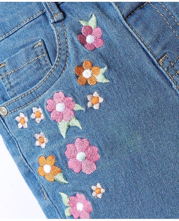 Babyhug Denim Mid Thigh Shorts With Floral Embroidery - Blue